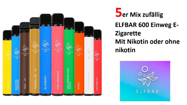 ELFBAR 600 Einweg E-Zigarette ​Mit Nikotin oder ohne nikotin - 5er Mix zufällig ​